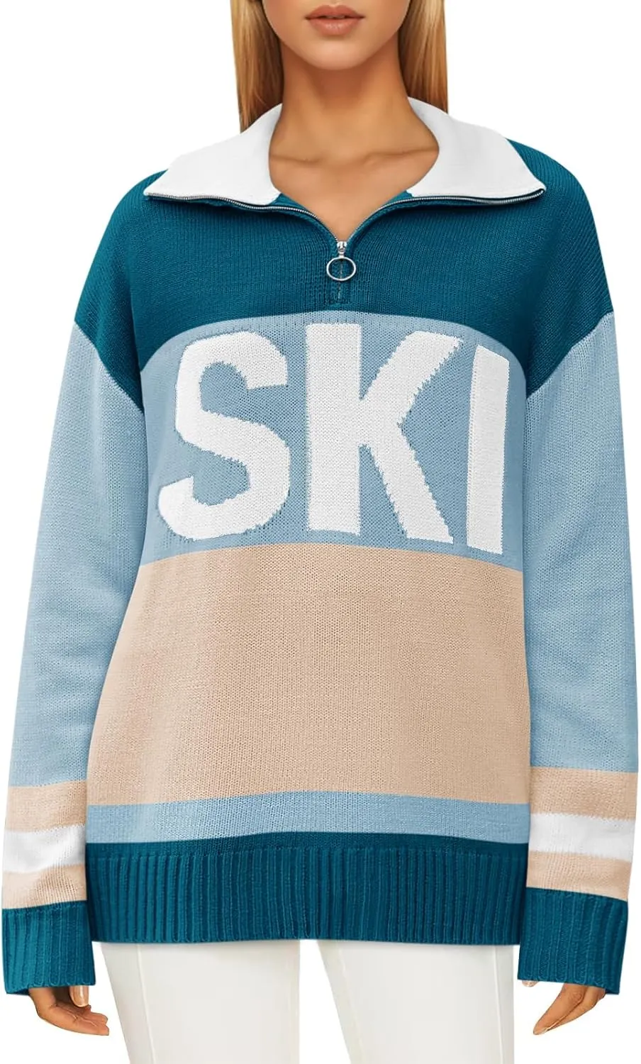 Womens Sweaters Trendy Long Sleeve 1/4 Zip Pullover Polo V Neck Dressy Casual Color Block Ski Knit Tops