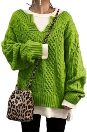 Womens V Neck Cable Knit Sweater Long Sleeve Chunky Sweater Fall Winter Fashion Casual Oversized Sweater Tops