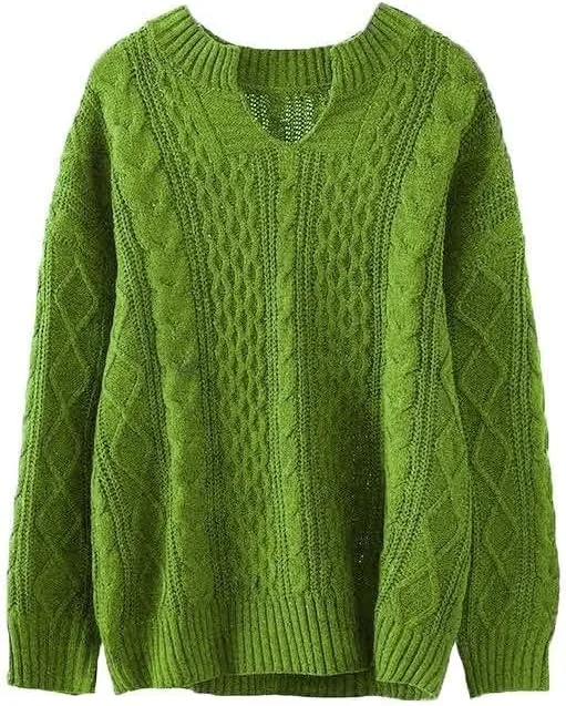 Womens V Neck Cable Knit Sweater Long Sleeve Chunky Sweater Fall Winter Fashion Casual Oversized Sweater Tops
