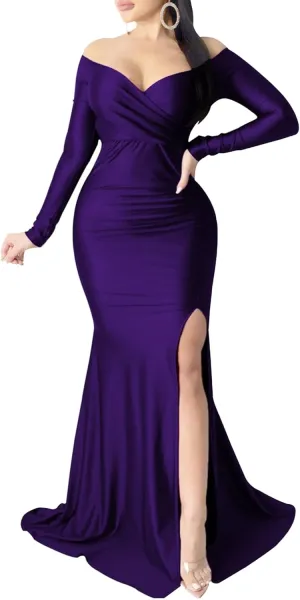 Women's V Neck Off Shoulder Club Party Dress Bodycon Fashion Split Hem Dress Ruched Satin Maxi Dresses