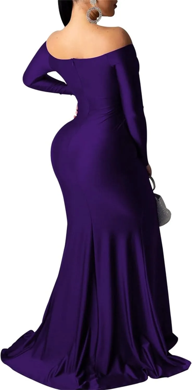 Women's V Neck Off Shoulder Club Party Dress Bodycon Fashion Split Hem Dress Ruched Satin Maxi Dresses