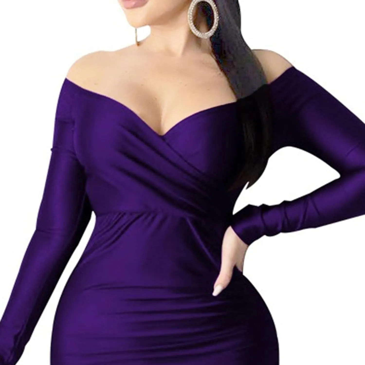 Women's V Neck Off Shoulder Club Party Dress Bodycon Fashion Split Hem Dress Ruched Satin Maxi Dresses