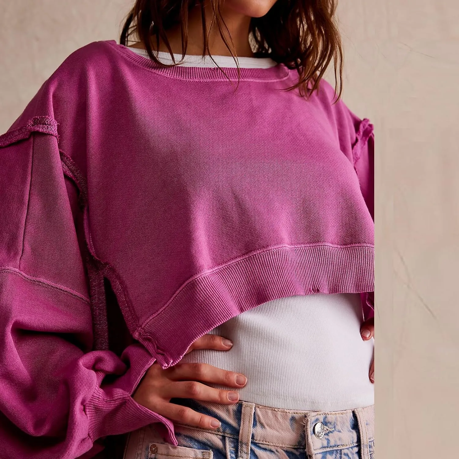 Womens Y2k Cropped Sweatshirts Crew Neck Oversized Sweatshirt Loose Long Sleeve Shirts Going Out Fall Fashion