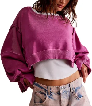 Womens Y2k Cropped Sweatshirts Crew Neck Oversized Sweatshirt Loose Long Sleeve Shirts Going Out Fall Fashion