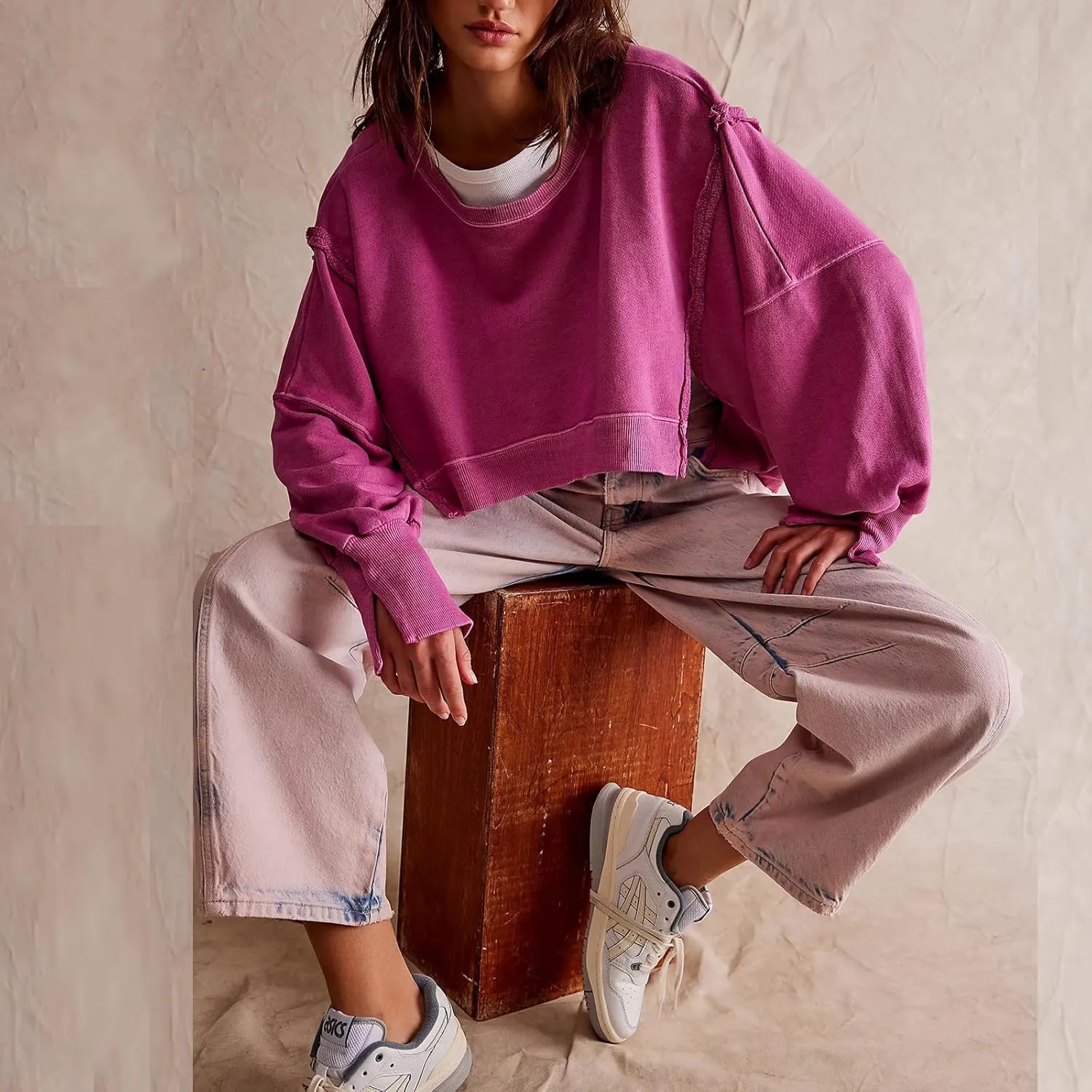 Womens Y2k Cropped Sweatshirts Crew Neck Oversized Sweatshirt Loose Long Sleeve Shirts Going Out Fall Fashion