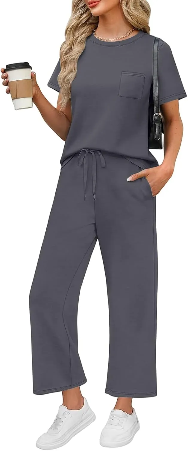 Workout Sets for Women 2025 Summer Outfits Sport Lounge Short Sleeve Wide Leg Pants Clothing Travel Fitness Sets
