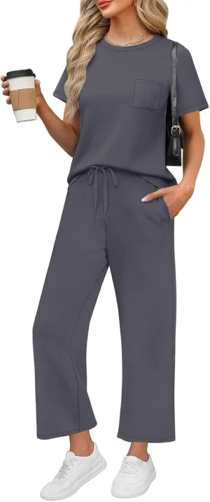 Workout Sets for Women 2025 Summer Outfits Sport Lounge Short Sleeve Wide Leg Pants Clothing Travel Fitness Sets