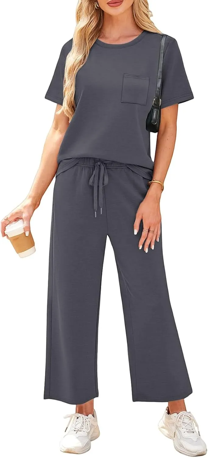 Workout Sets for Women 2025 Summer Outfits Sport Lounge Short Sleeve Wide Leg Pants Clothing Travel Fitness Sets