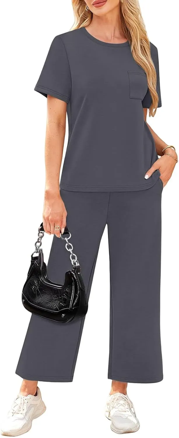 Workout Sets for Women 2025 Summer Outfits Sport Lounge Short Sleeve Wide Leg Pants Clothing Travel Fitness Sets