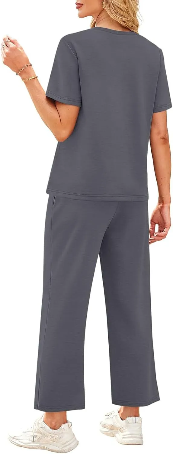 Workout Sets for Women 2025 Summer Outfits Sport Lounge Short Sleeve Wide Leg Pants Clothing Travel Fitness Sets