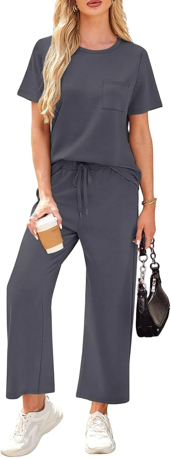 Workout Sets for Women 2025 Summer Outfits Sport Lounge Short Sleeve Wide Leg Pants Clothing Travel Fitness Sets