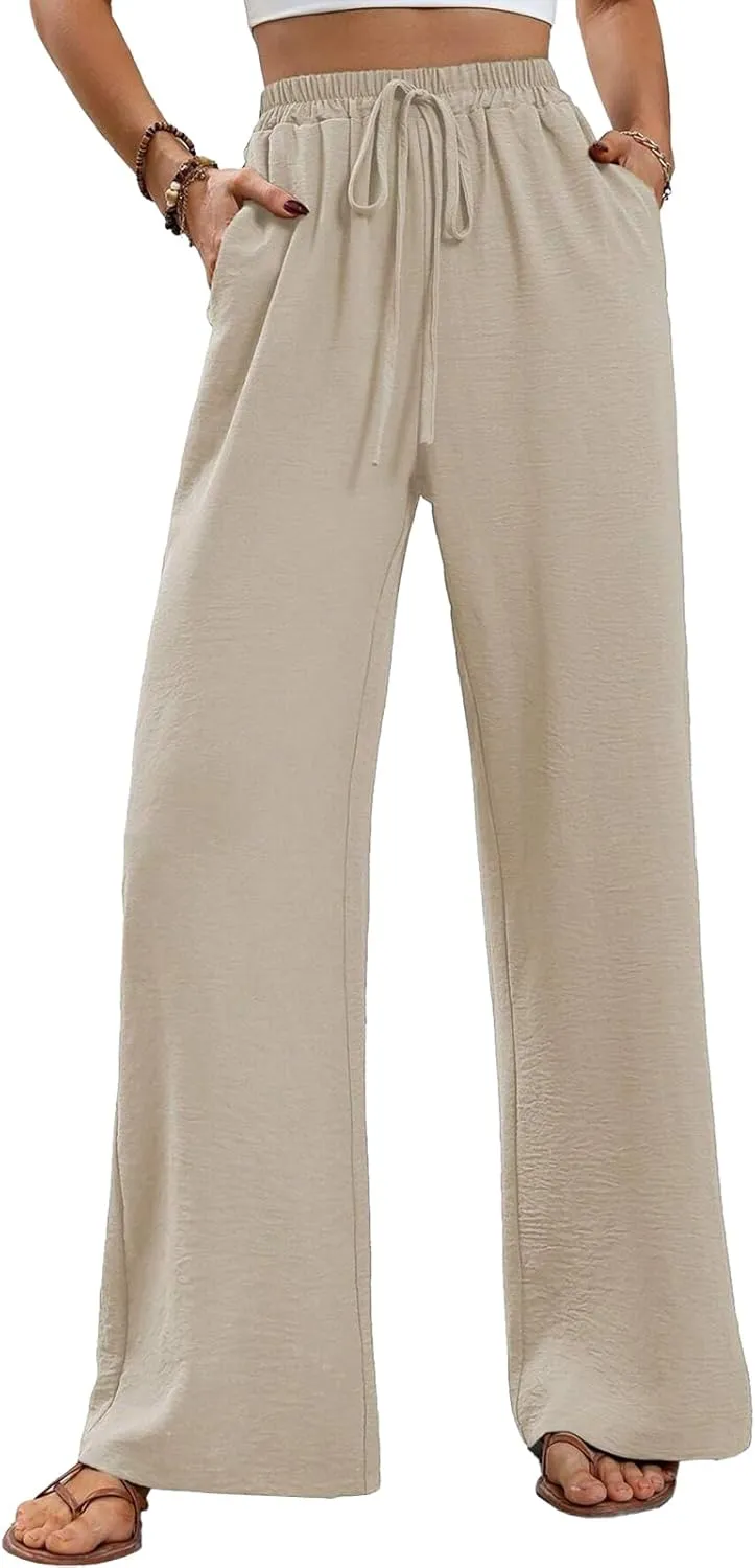 WOWULOVELY Women's High Waisted Wide Leg Long Pants Palazzo Casual Trousers with Pockets