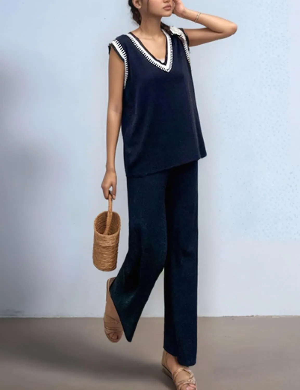 Xunger Women's Sleeveless Striped 2 Piece Set Lounge Knit Tank Top Casual Long Pants Outfits Travel Workout Loungewear