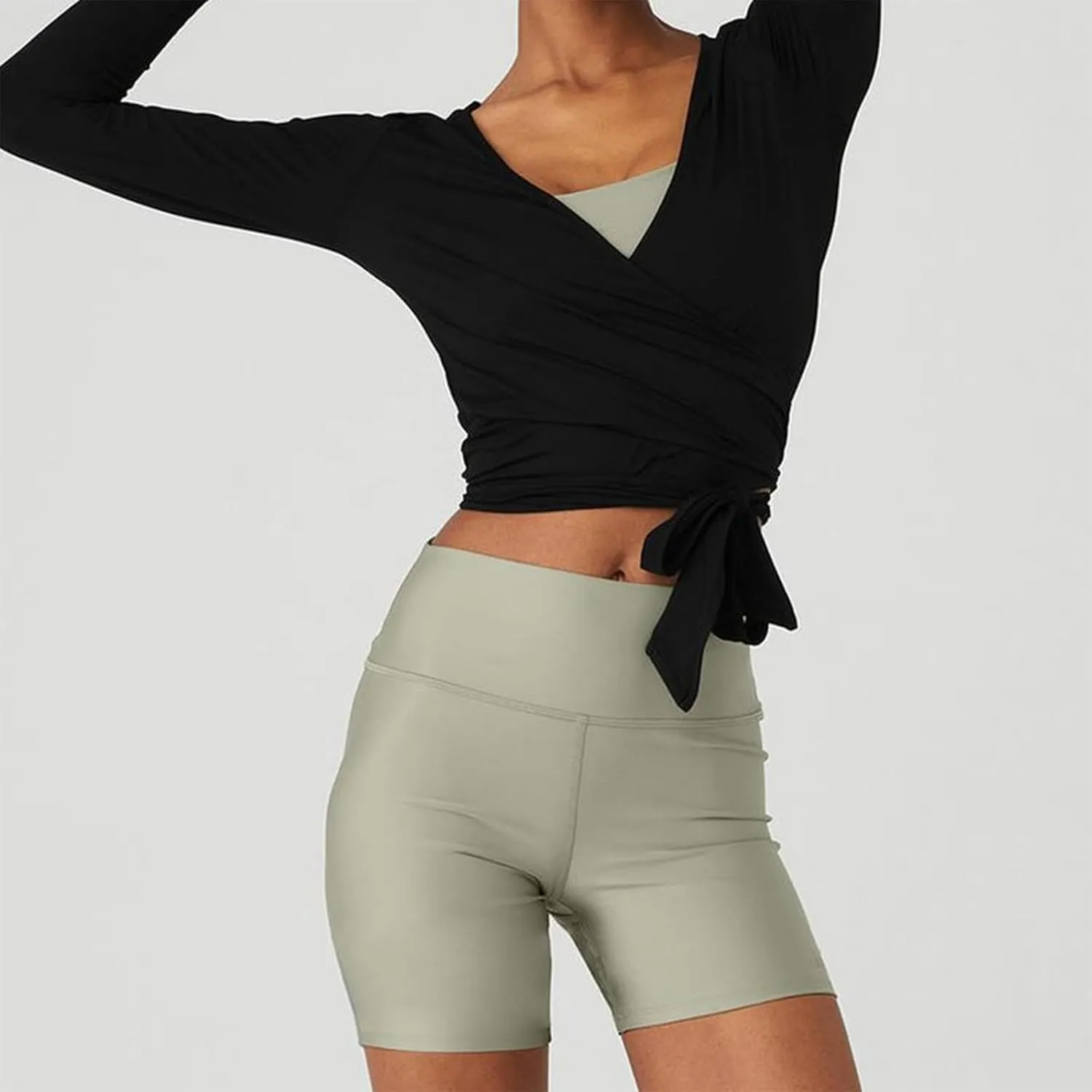 Y2k Ballet Wrap Top Women Sexy Long Sleeve Low Deep V Neck Crop T Shirt Tie Up Yoga Workout Tee Blouse