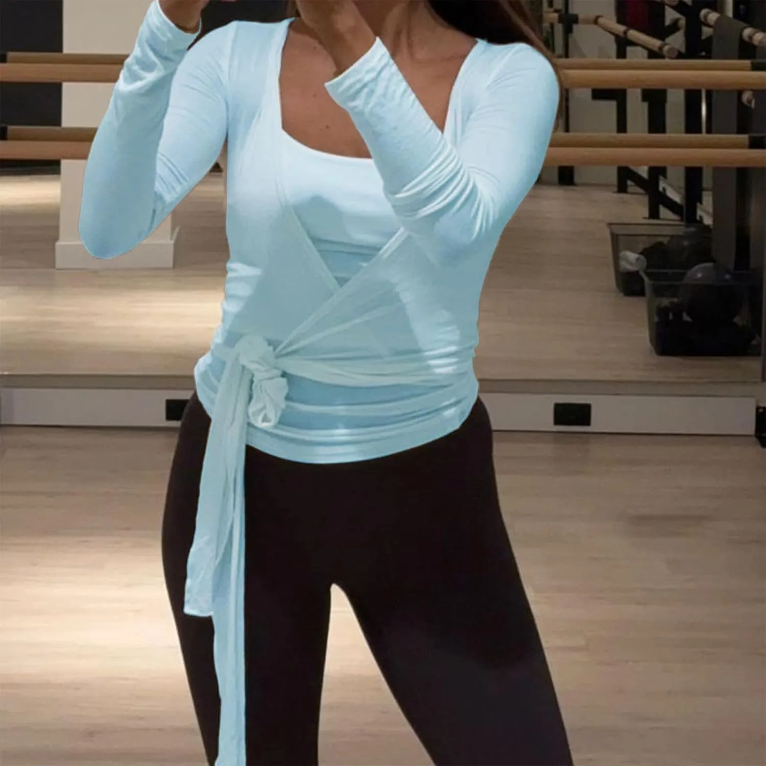 Y2k Ballet Wrap Top Women Sexy Long Sleeve Low Deep V Neck Crop T Shirt Tie Up Yoga Workout Tee Blouse