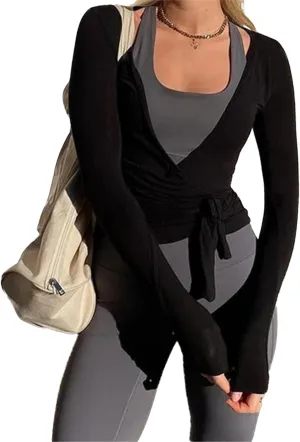 Y2k Ballet Wrap Top Women Sexy Long Sleeve Low Deep V Neck Crop T Shirt Tie Up Yoga Workout Tee Blouse