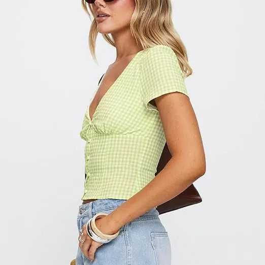 Y2k Button Down Shirts Women Slim Fit Short Sleeve Top Vintage Puff Sleeve Lapel Gingham Summer Going Out Blouse
