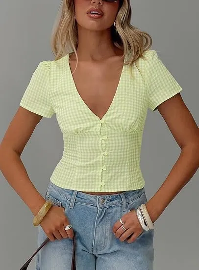 Y2k Button Down Shirts Women Slim Fit Short Sleeve Top Vintage Puff Sleeve Lapel Gingham Summer Going Out Blouse