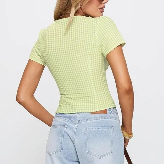 Y2k Button Down Shirts Women Slim Fit Short Sleeve Top Vintage Puff Sleeve Lapel Gingham Summer Going Out Blouse