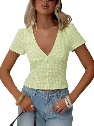 Y2k Button Down Shirts Women Slim Fit Short Sleeve Top Vintage Puff Sleeve Lapel Gingham Summer Going Out Blouse