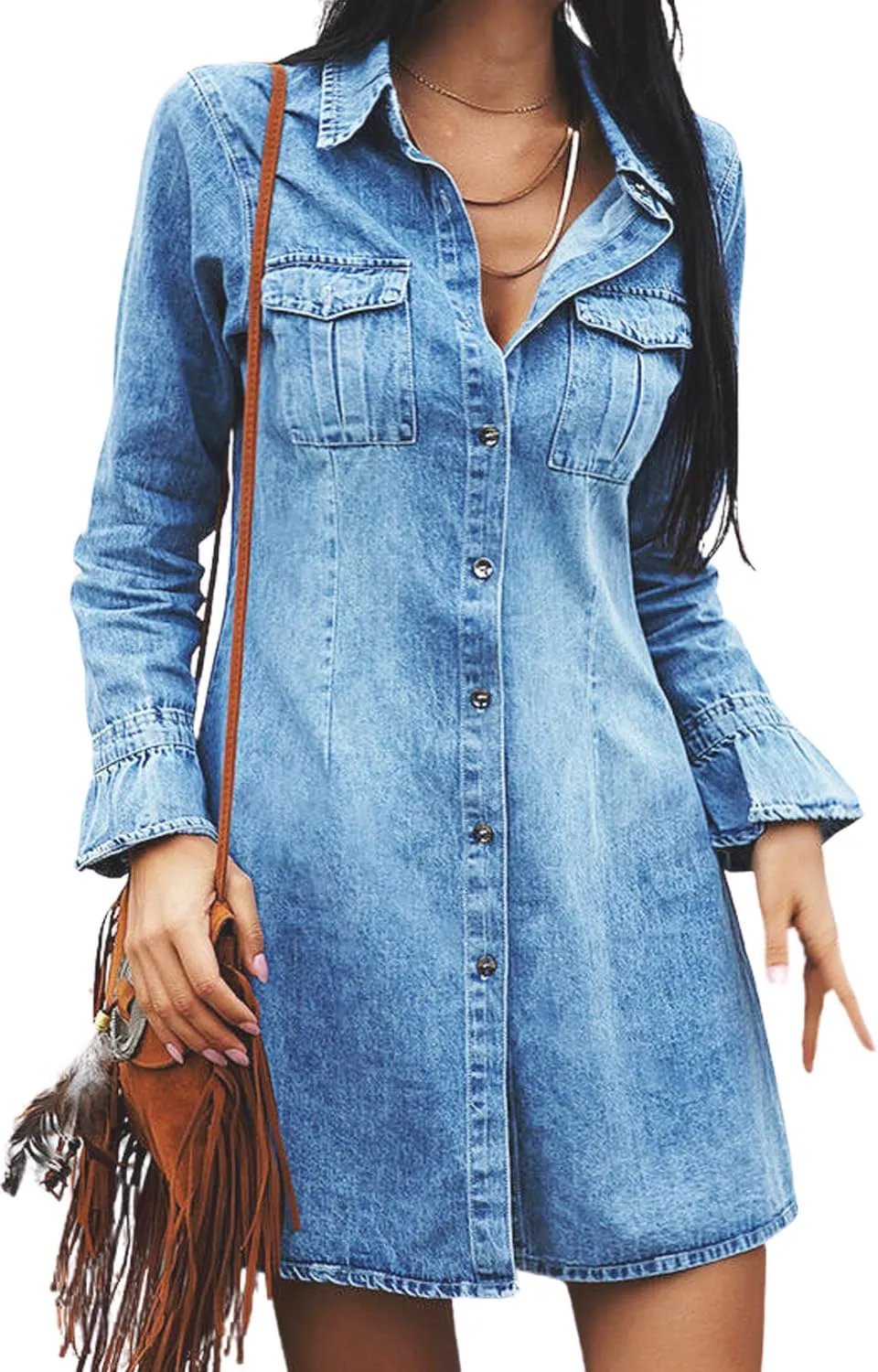 yoeasy Womens Denim Shirt Dress Long Sleeve Button Down V Neck Casual A-line Slim fit Jean Mini Dress