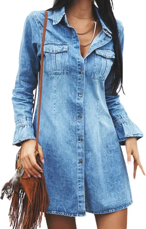 yoeasy Womens Denim Shirt Dress Long Sleeve Button Down V Neck Casual A-line Slim fit Jean Mini Dress