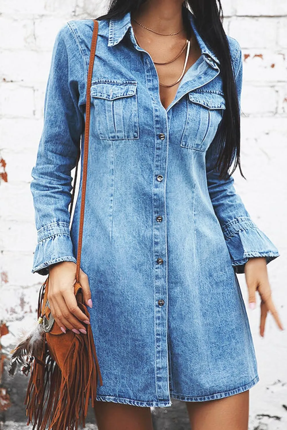 yoeasy Womens Denim Shirt Dress Long Sleeve Button Down V Neck Casual A-line Slim fit Jean Mini Dress