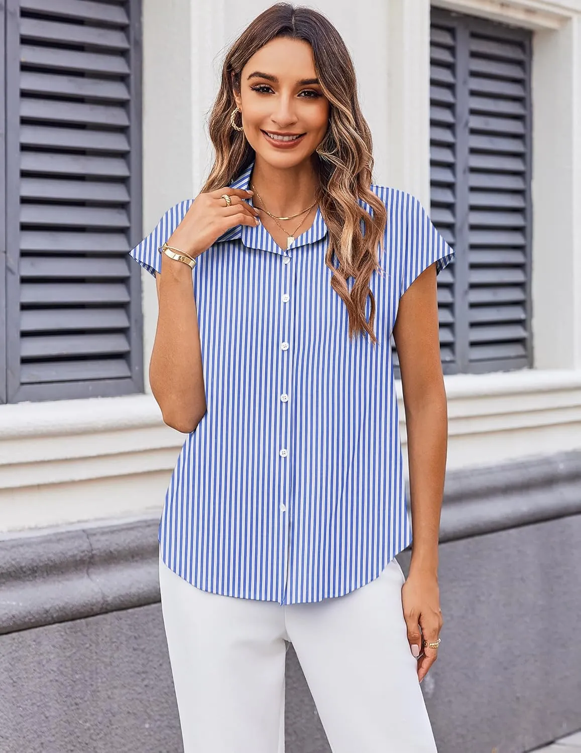 Zeagoo Womens Button Down Shirt V Neck Blouses Cap Sleeve Top Dressy Casual Blouses 2025 Trendy Bussiness Work Outfits S-XXL