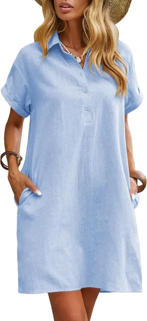Zeagoo Womens Cotton Shirt Dress Summer Casual Short Sleeve Button Down Beach Cover Up Shirts with Pockets