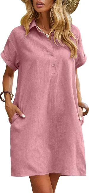 Zeagoo Womens Cotton Shirt Dress Summer Casual Short Sleeve Button Down Beach Cover Up Shirts with Pockets