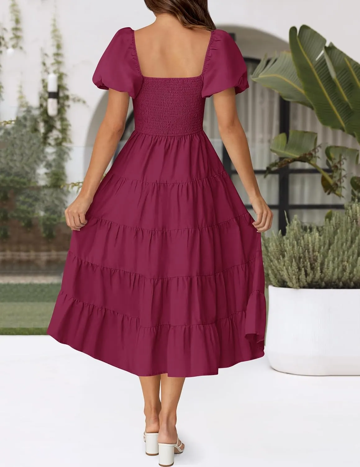 ZESICA Women's 2025 Summer Square Neck Short Puff Sleeve Solid Color High Waist Casual Smocked Flowy A Line Tiered Midi Dress