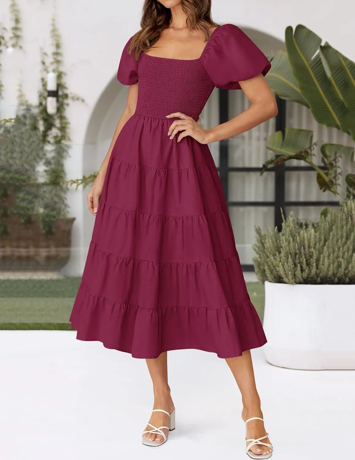 ZESICA Women's 2025 Summer Square Neck Short Puff Sleeve Solid Color High Waist Casual Smocked Flowy A Line Tiered Midi Dress