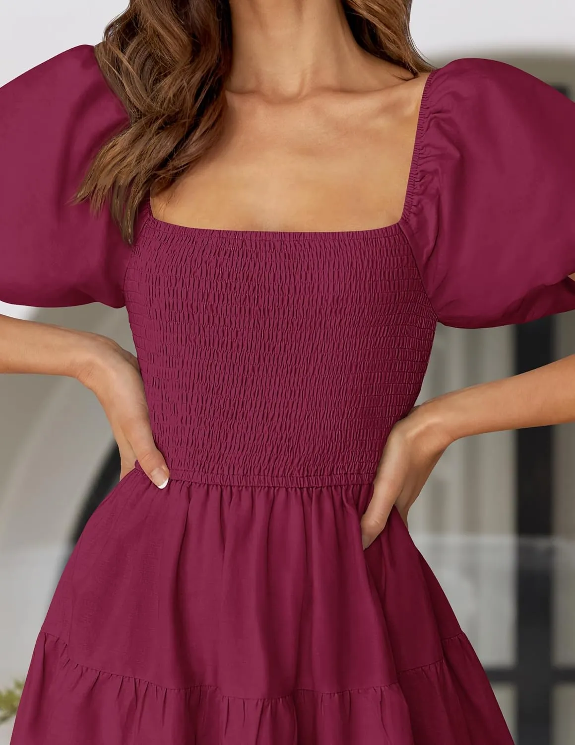 ZESICA Women's 2025 Summer Square Neck Short Puff Sleeve Solid Color High Waist Casual Smocked Flowy A Line Tiered Midi Dress