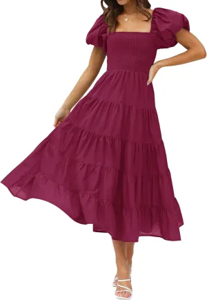 ZESICA Women's 2025 Summer Square Neck Short Puff Sleeve Solid Color High Waist Casual Smocked Flowy A Line Tiered Midi Dress