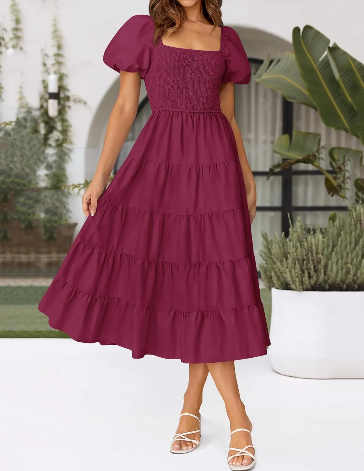 ZESICA Women's 2025 Summer Square Neck Short Puff Sleeve Solid Color High Waist Casual Smocked Flowy A Line Tiered Midi Dress