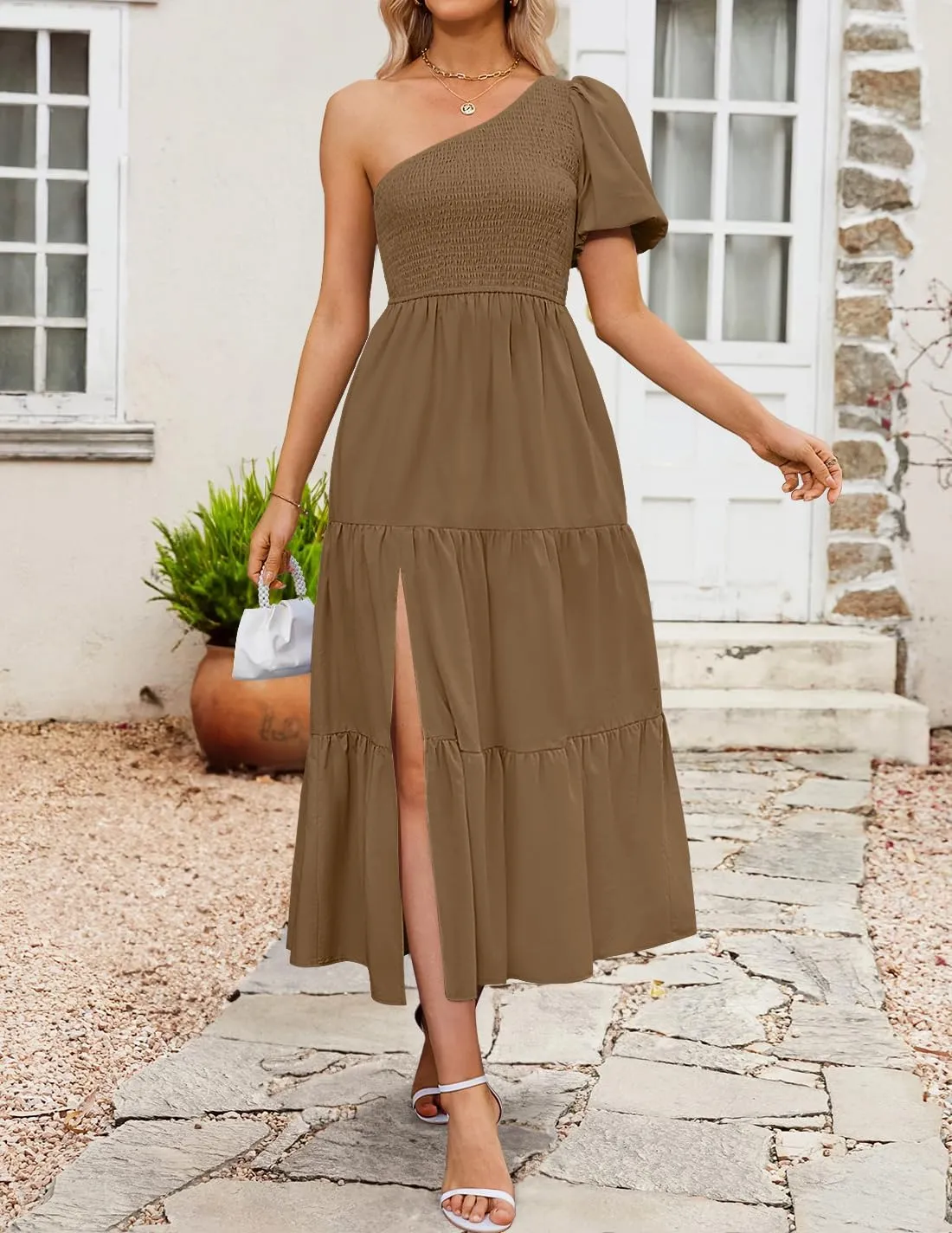 ZESICA Women's Boho Summer One Shoulder Short Sleeve Smocked Side Split Ruffle Swing Midi Dress