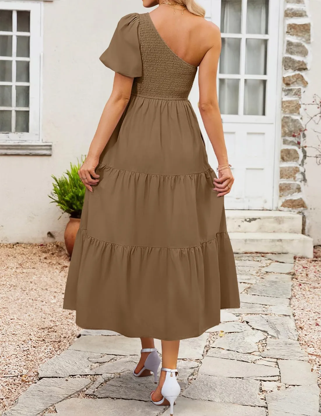 ZESICA Women's Boho Summer One Shoulder Short Sleeve Smocked Side Split Ruffle Swing Midi Dress