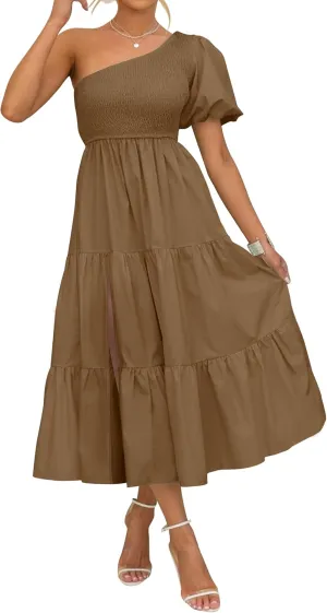 ZESICA Women's Boho Summer One Shoulder Short Sleeve Smocked Side Split Ruffle Swing Midi Dress