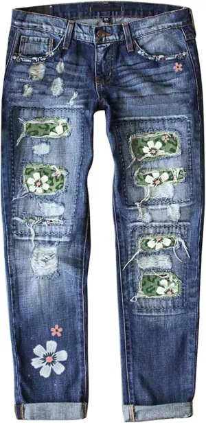 ZOCAVIA Women's Floral Ripped Skinny Jeans Straight Leg Jeans Mid Waisted Denim Jeans Stretch Slim Ankle Washed Denim Pants