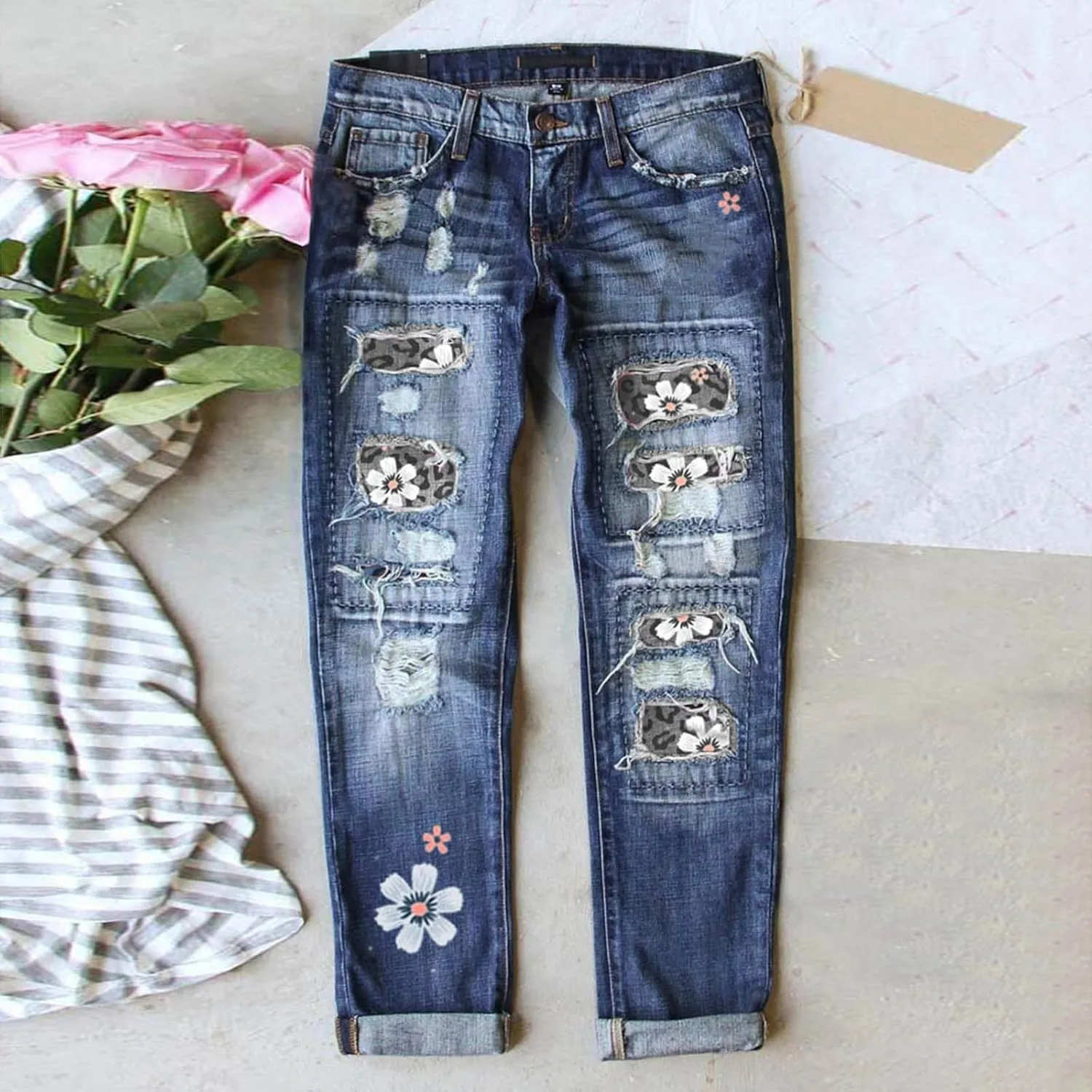 ZOCAVIA Women's Floral Ripped Skinny Jeans Straight Leg Jeans Mid Waisted Denim Jeans Stretch Slim Ankle Washed Denim Pants