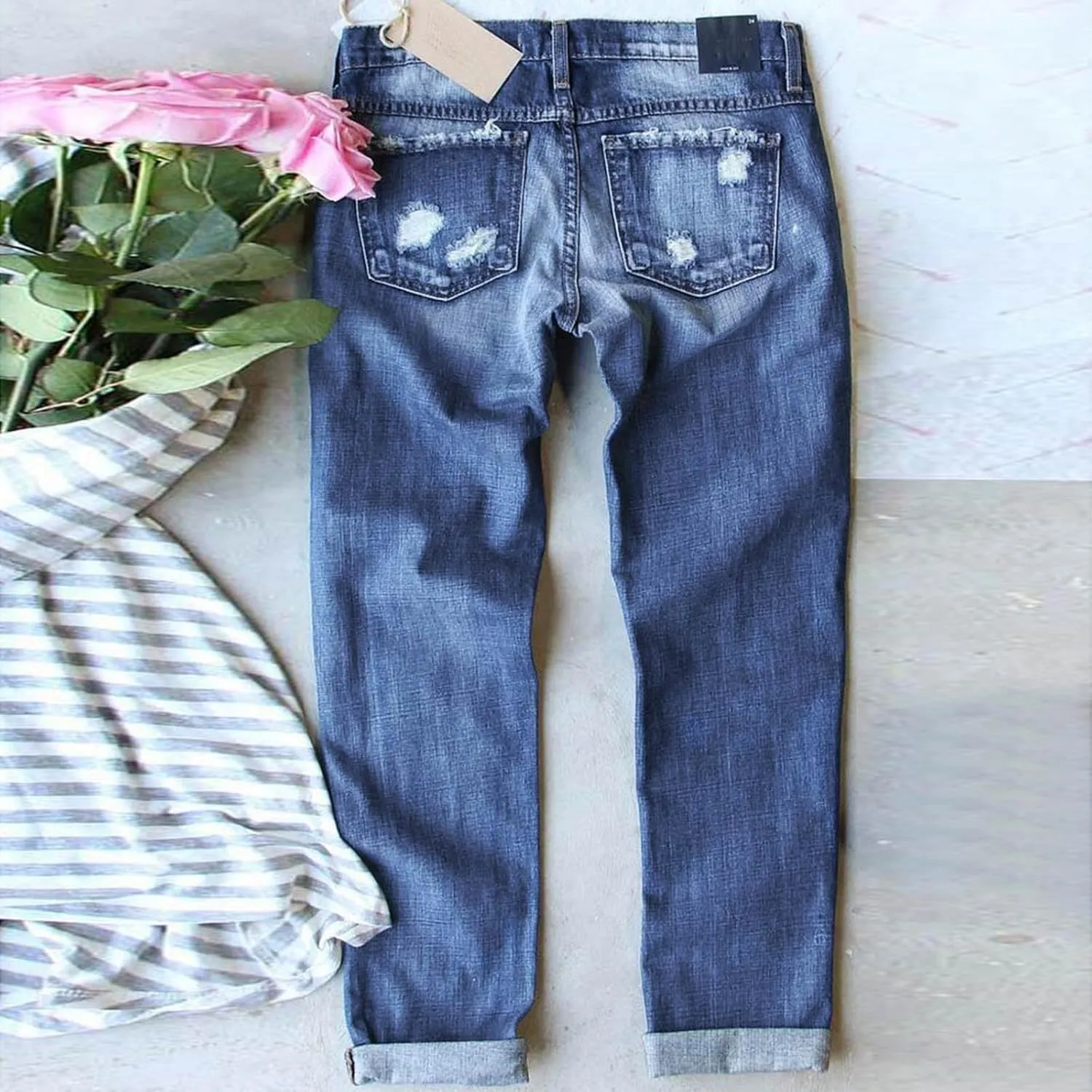ZOCAVIA Women's Floral Ripped Skinny Jeans Straight Leg Jeans Mid Waisted Denim Jeans Stretch Slim Ankle Washed Denim Pants