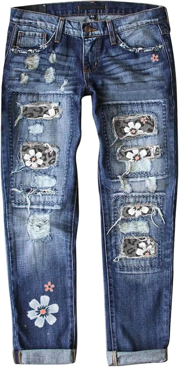 ZOCAVIA Women's Floral Ripped Skinny Jeans Straight Leg Jeans Mid Waisted Denim Jeans Stretch Slim Ankle Washed Denim Pants