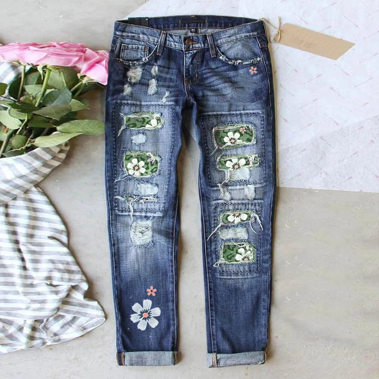 ZOCAVIA Women's Floral Ripped Skinny Jeans Straight Leg Jeans Mid Waisted Denim Jeans Stretch Slim Ankle Washed Denim Pants