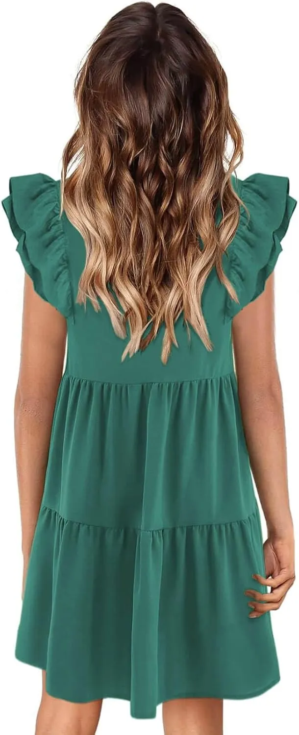 Zwurew Summer Babydoll Dresses for Women 2025 Cute Ruffle Cap Sleeve V-Neck Flowy Swing Mini Dress Sundress