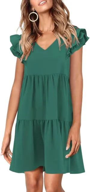 Zwurew Summer Babydoll Dresses for Women 2025 Cute Ruffle Cap Sleeve V-Neck Flowy Swing Mini Dress Sundress